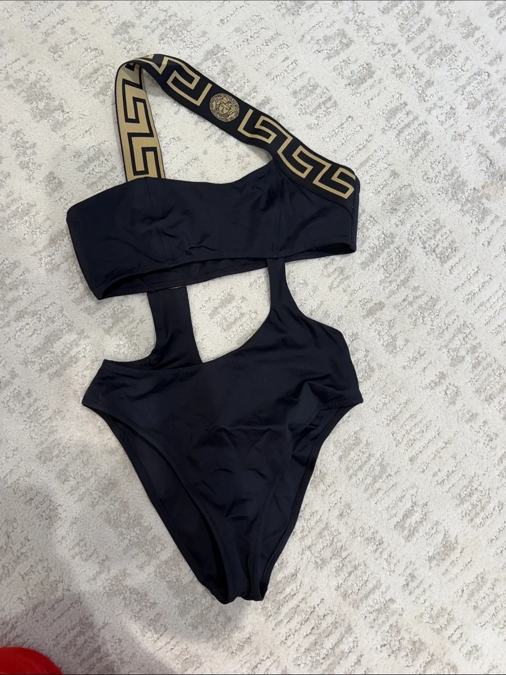 Versace Black One-Shoulder Cutout Swimsuit with Gold Greek Key Strap